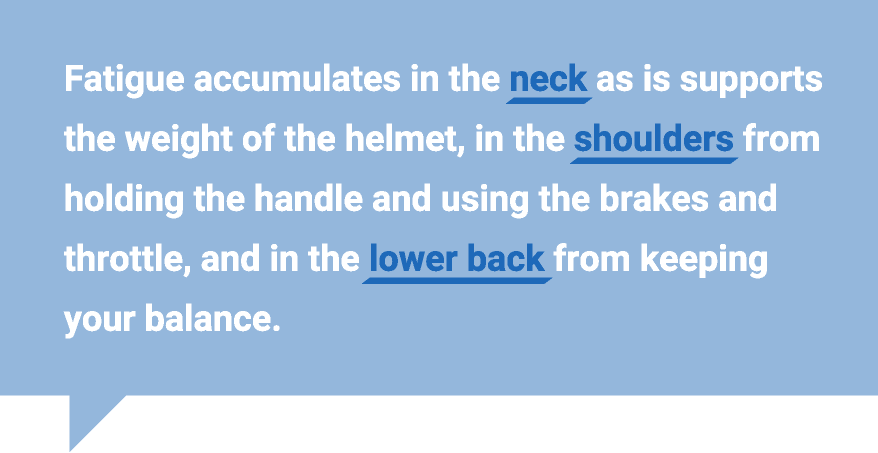 Fatigue accumulates in the neck as is supports the weight of the helmet, in the shoulders from holding the handle and using the brakes and throttle, and in the lower back from keeping your balance.