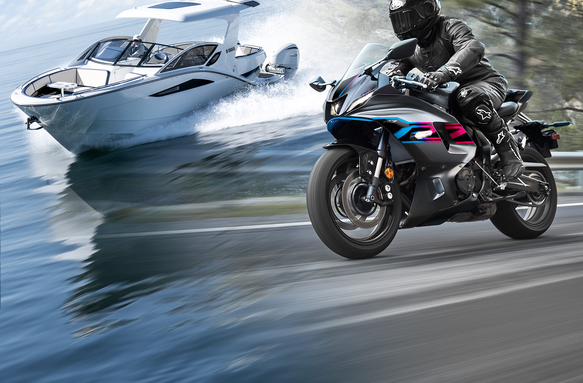 A background image featuring a motorcycle and a boat