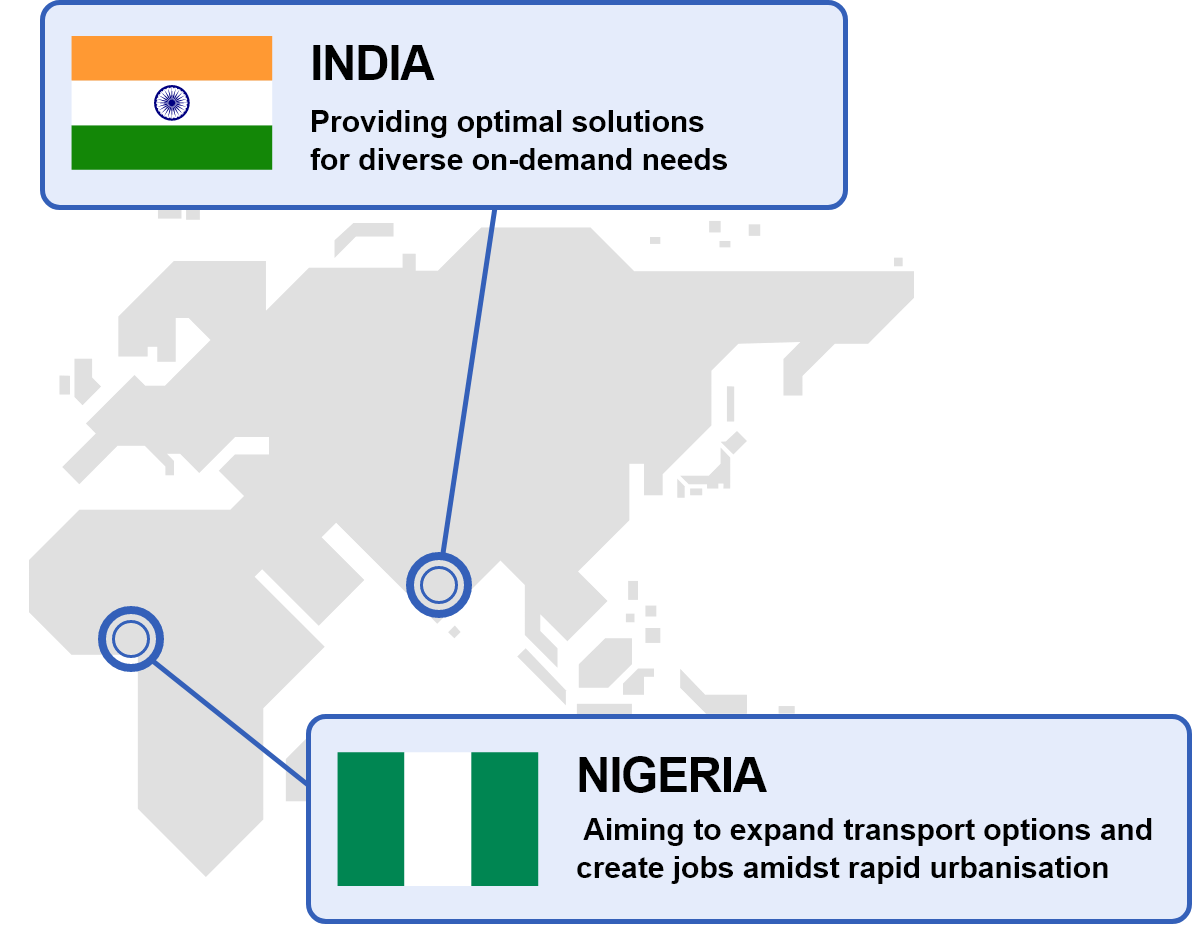 INDIA 多様なオンデマンド型ニーズに対し、最適なソリューションを提供する　NIGERIA 急速な都市化の中、移動手段の拡大と雇用の創出を目指す