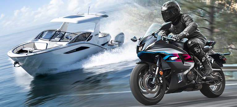 A background image featuring a motorcycle and a boat