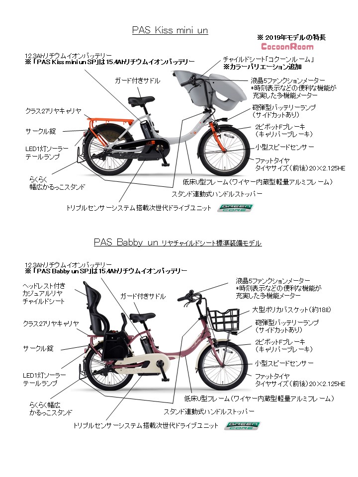 電動アシスト自転車「PAS」幼児2人同乗基準適合車 ファミリーモデル「PAS un」シリーズ2019年モデルを発売 大容量バッテリー搭載の「PAS  Kiss mini un SP」「PAS Babby un SP」も登場 - 広報発表資料 | ヤマハ発動機