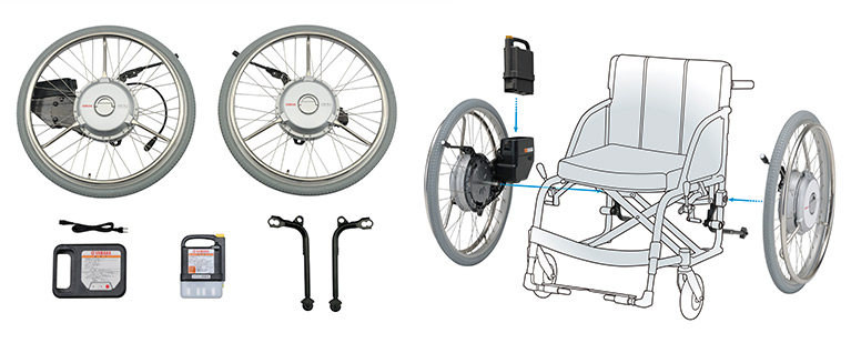 車椅子用電動アシストユニット「JWX-2」と取り付けイメージ