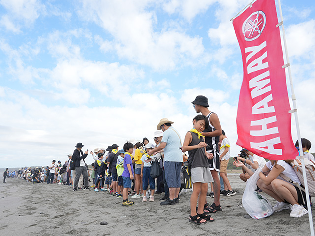 浜松市の遠州灘の海岸にて子ガメを放流して見守っている様子