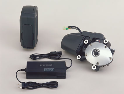 P.A.S. system unit"X05"(Drive unit assembly (right), battery (upper left) and charger)