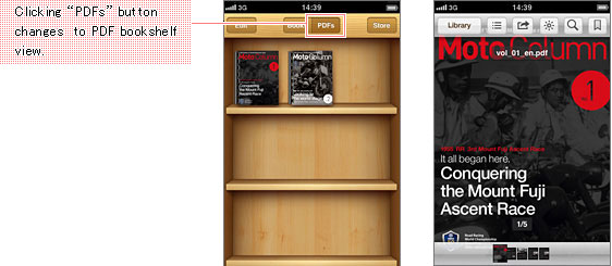 Clicking "PDFs" button changes to PDF bookshelf view.