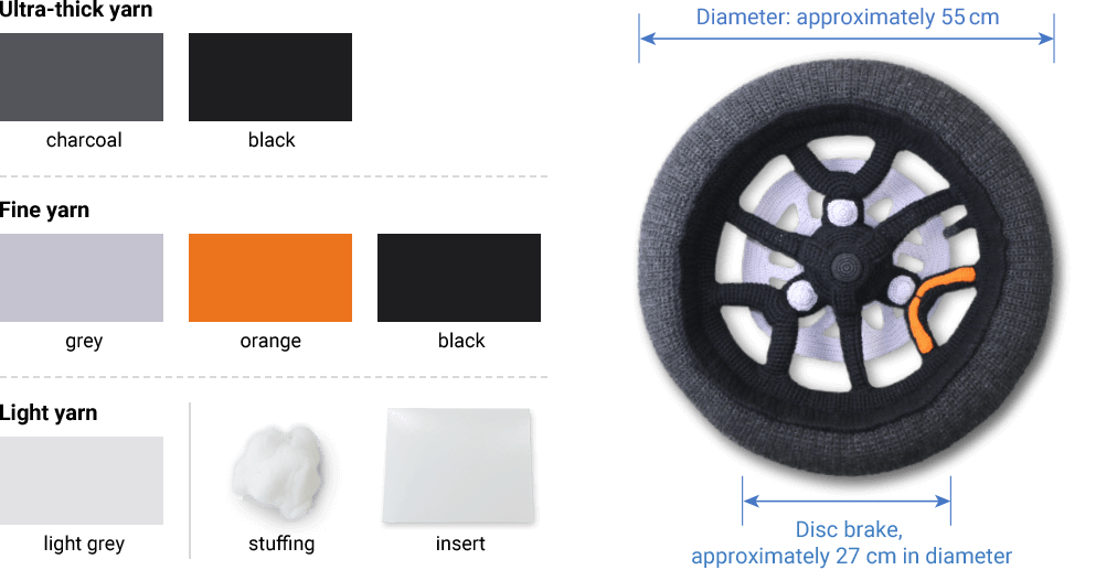 Yarn, etc. Diameter: approximately 55cm. Brake disc, approximately 27cm in diameter.