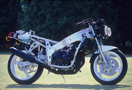 The aluminum Deltabox frame and forward-inclined engine
